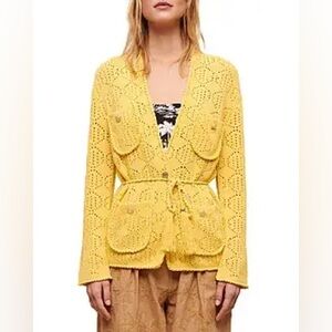 MAJE Medina Belted Pointelle Cardigan in Yellow, Size 2 (M)